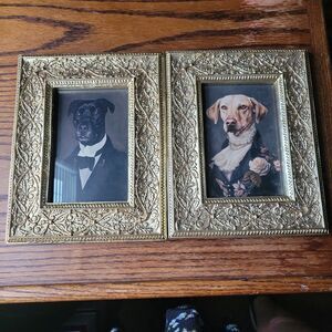 Victorian Style Pair of ornate gold frames with regal dog print postcards 4x6